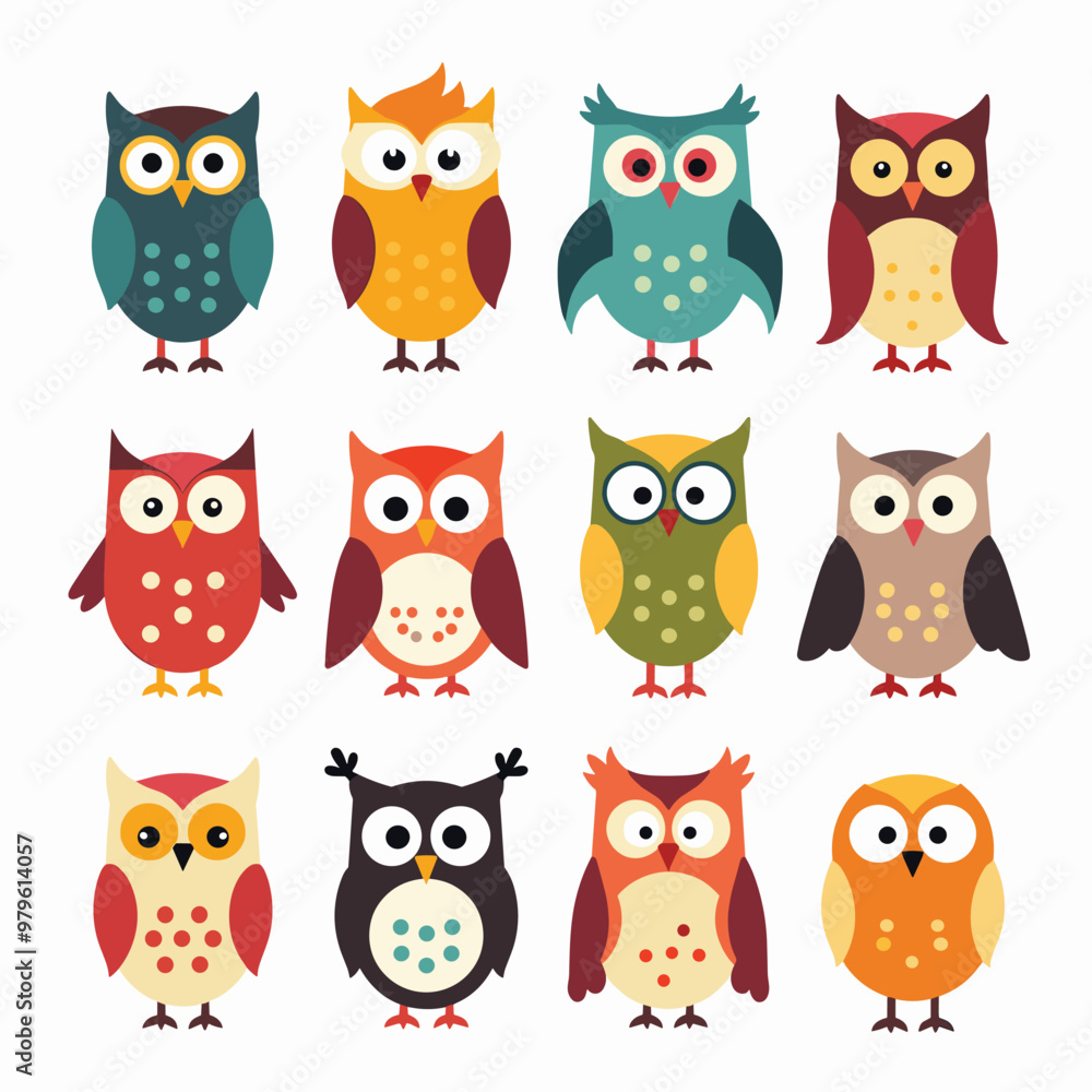 A collection of twelve cartoon owls in various colors and styles, each with unique expressions and features. A collection of twelve cartoon owls in various colors and styles, each with unique expressions and features.