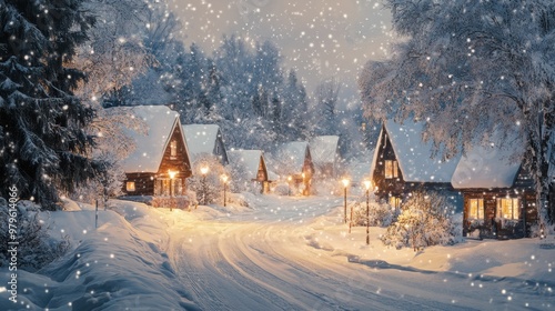 Wallpaper Mural A charming winter scene featuring cozy cabins surrounded by snow and falling flakes, evoking peaceful holiday vibes. Torontodigital.ca