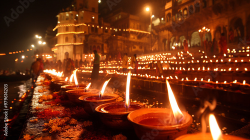 Lit oil lamps on a riverbank during Diwali celebration at night.