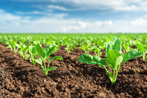 Sustainable agriculture is showcased through vibrant green plants emerging from rich soil under bright sky, highlighting importance of nanotechnology in modern farming practices