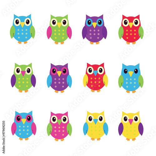 Colorful cartoon owls lined up in a 3x4 grid pattern with a white background.