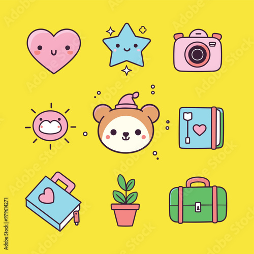 Cute kawaii doodles featuring a heart, star, bear, camera, sun, notebook, suitcase, and plant on a yellow background.