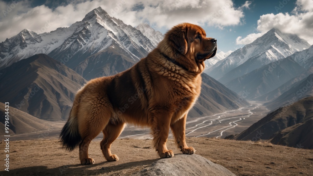 Tibetan mastiff standing majestically before mountain backdrop Tibetan mastiff standing majestically before mountain backdrop