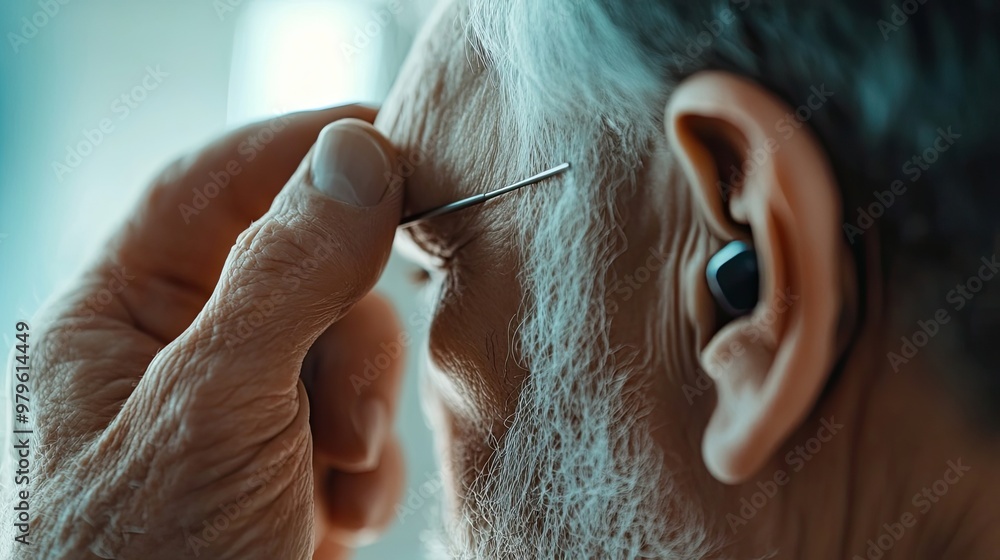 Close-up of an elderly man's face, beard, and ear with a hearing aid Close-up of an elderly man's face, beard, and ear with a hearing aid