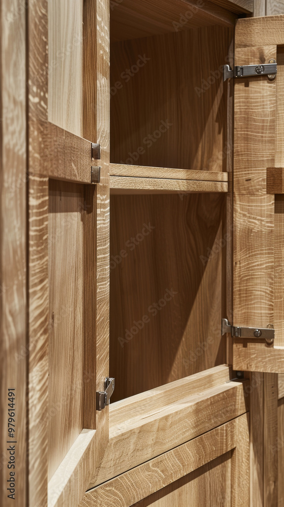 Wooden cabinet interior with open doors, showcasing natural grain and texture. design emphasizes simplicity and functionality, perfect for modern interior spaces Wooden cabinet interior with open doors, showcasing natural grain and texture. design emphasizes simplicity and functionality, perfect for modern interior spaces