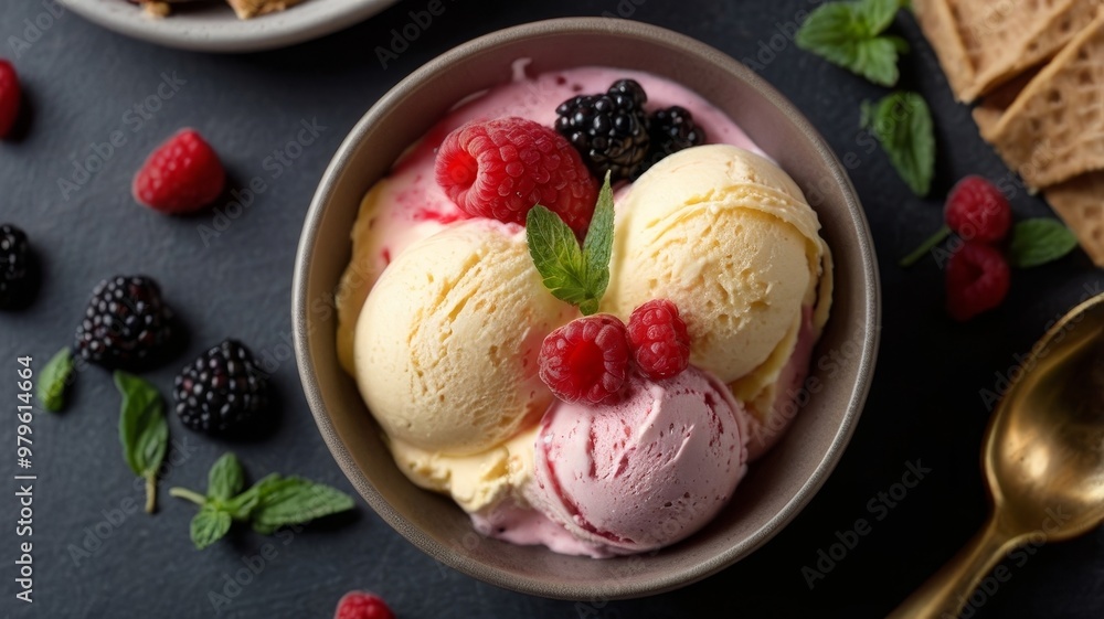 Top view of ice cream trio with berries Top view of ice cream trio with berries