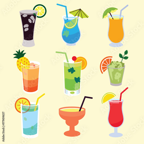 A colorful assortment of nine different cocktails and beverages with garnishes on a light yellow background.