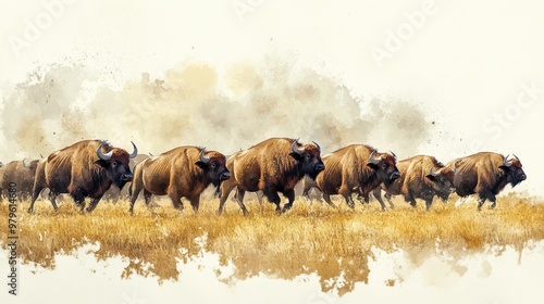 A majestic herd of bison walking gracefully across a golden savanna, showcasing the beauty of wildlife in its natural habitat. photo