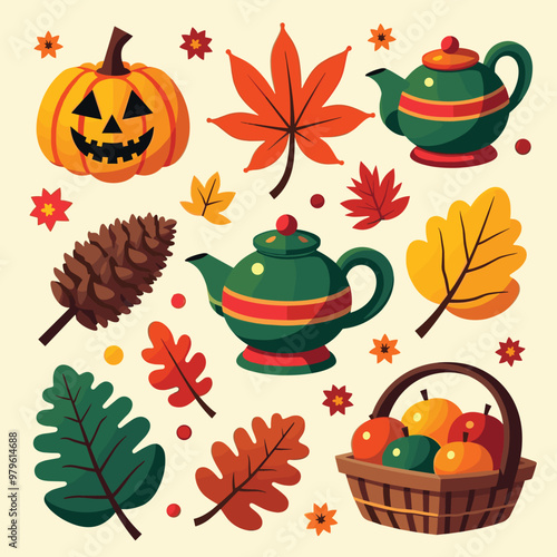 Autumn-themed illustration with pumpkins, teapots, colorful leaves, and a basket of apples on a light background.