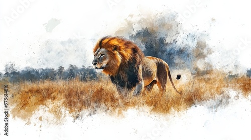 A majestic lion stands proud in the golden grasslands, embodying strength and beauty in a stunning watercolor effect.