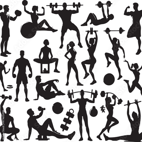 Fitness gym silhouettes , Fitness exercise silhouettes vector ,generative ai