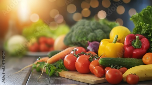 Close-up of vibrant fresh fruits and vegetables arranged in a balanced layout on a wooden table, symbolizing healthy gut nutrition and natural wellness.