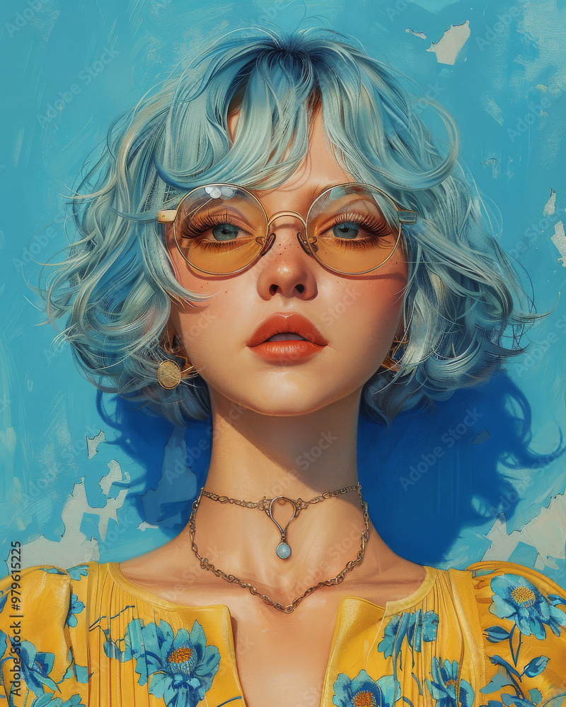 A striking illustration of woman with short blue hair, wearing stylish sunglasses and floral yellow dress. Her confident expression and vibrant colors create captivating visual impact A striking illustration of woman with short blue hair, wearing stylish sunglasses and floral yellow dress. Her confident expression and vibrant colors create captivating visual impact