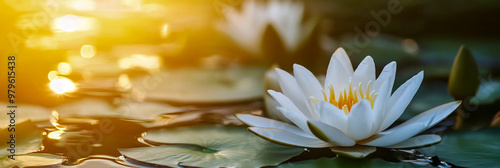 Beautiful white water lily flowers in the pond with lotus leaves at sunset.