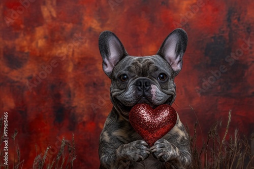 French Bulldog holding heart with abstract background photo