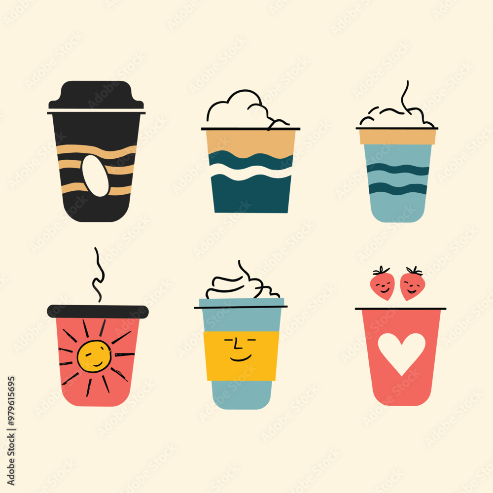 Colorful illustrated cups with unique designs, featuring various drinks and cute decorations. Colorful illustrated cups with unique designs, featuring various drinks and cute decorations.