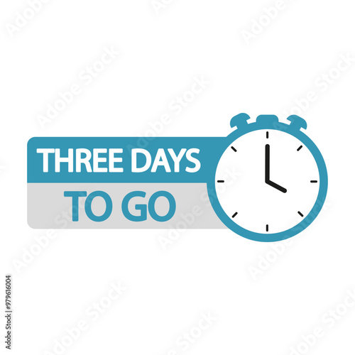 Countdown timer illustration. Three days to go text. Clock and time focus. Bold blue design.