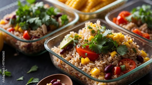 Variety of colorful freshly prepared dishes in glass containers photo