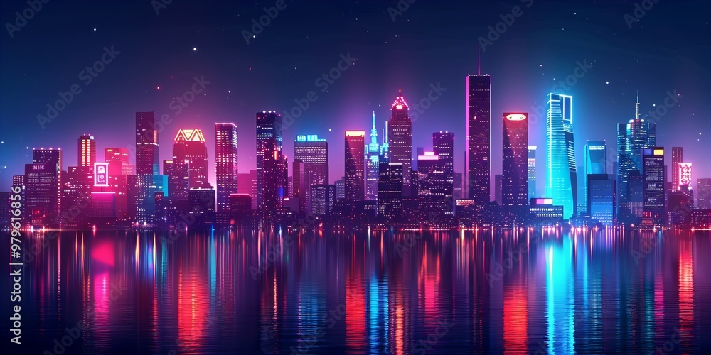 Dynamic neon cityscape skyline with vibrant night lights reflecting on the horizon in a modern urban design new beautiful stock image illustration AI Dynamic neon cityscape skyline with vibrant night lights reflecting on the horizon in a modern urban design new beautiful stock image illustration AI