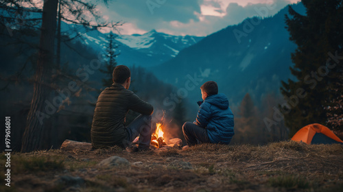 Father with son warm near campfire. Camping in the mountains