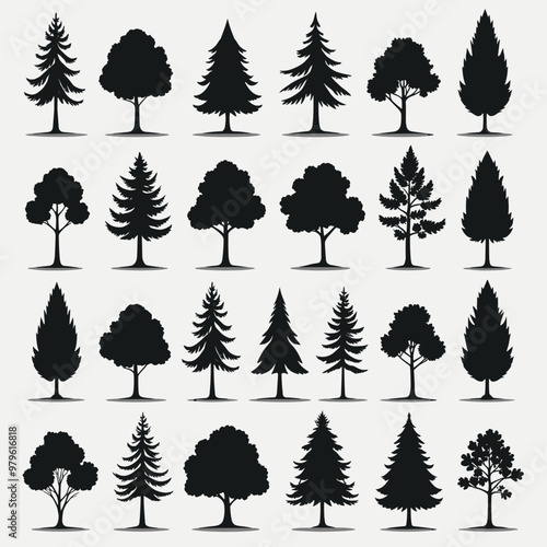 Silhouette collection of various tree types arranged in a grid on a light background.