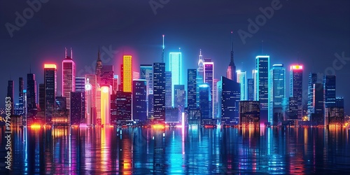 Dynamic neon cityscape skyline with vibrant night lights reflecting on the horizon in a modern urban design new beautiful stock image illustration AI