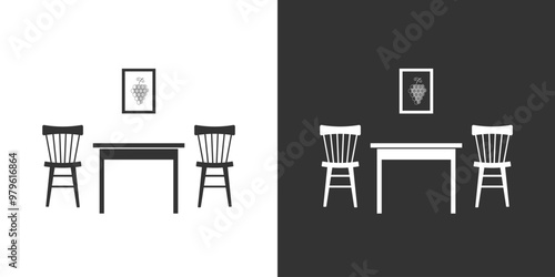 Furniture interior black and white icon with chairs and table in flat style. Черная и белая иконка интерьера со столом и стульями в плоском стиле.