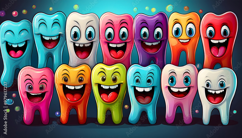Obraz premium colorful cartoon teeth varied expressions illustrations