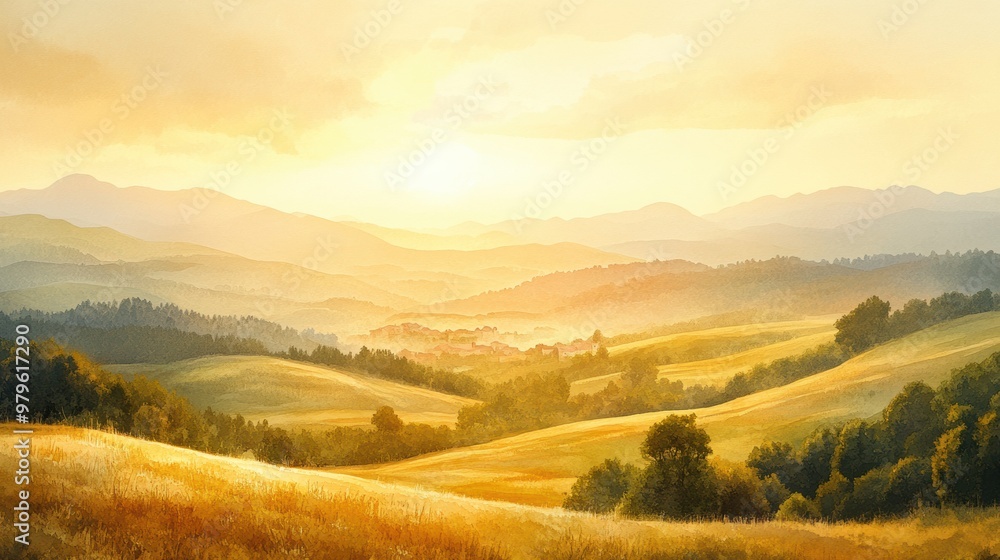 Fototapeta premium A serene landscape featuring rolling hills bathed in warm sunlight during sunset, creating a tranquil atmosphere and scenic beauty.