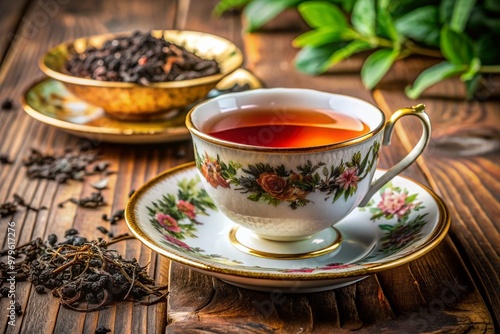 Richly aromatic Assam black tea leaves steep in a delicate china cup, surrounded by vintage elegance, evoking a sophisticated and cozy afternoon tea experience.