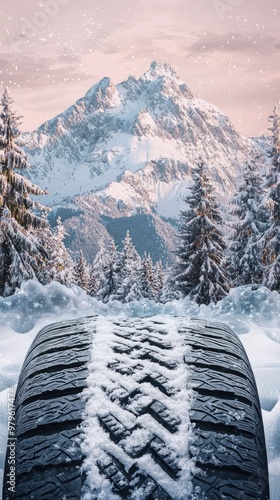 Tire track amidst snowy forest leading to mountains. photo