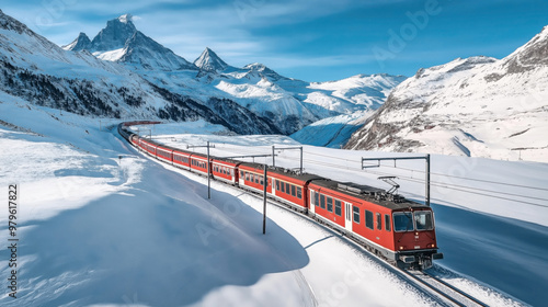 A red train traveling through a snowy mountain landscape with impressive peaks and clear blue sky in the background. The scenery includes snow-covered slopes and distant forests.