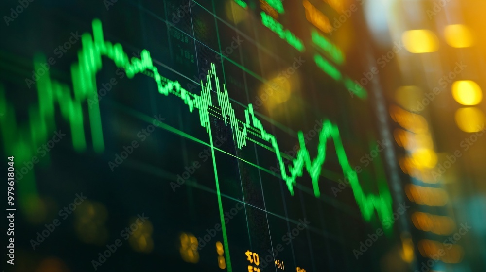 Fototapeta premium Close-up of digital stock market screen showing dividend stock graph with green upward trend line, symbolizing financial growth and investment success