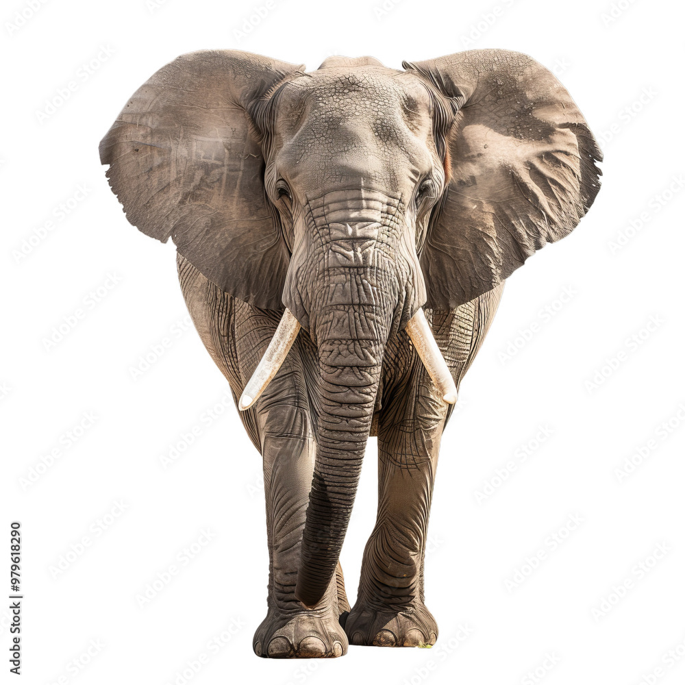 Obraz premium Large african elephant bull is standing and facing forward on a white background