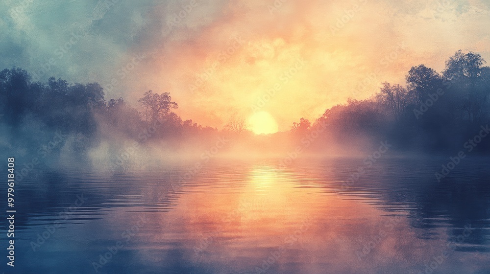 A serene sunrise over a misty lake, with soft pastel colors reflecting on the water's surface, creating a peaceful atmosphere.