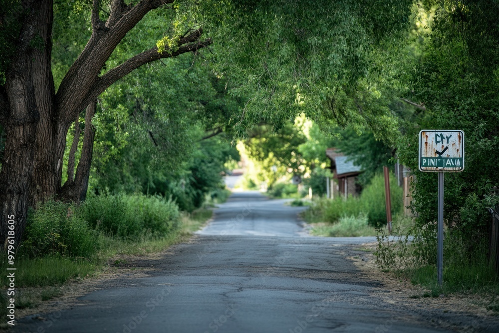 Fototapeta premium A weathered one-way sign in a small town, directing traffic down a quiet, tree-lined street