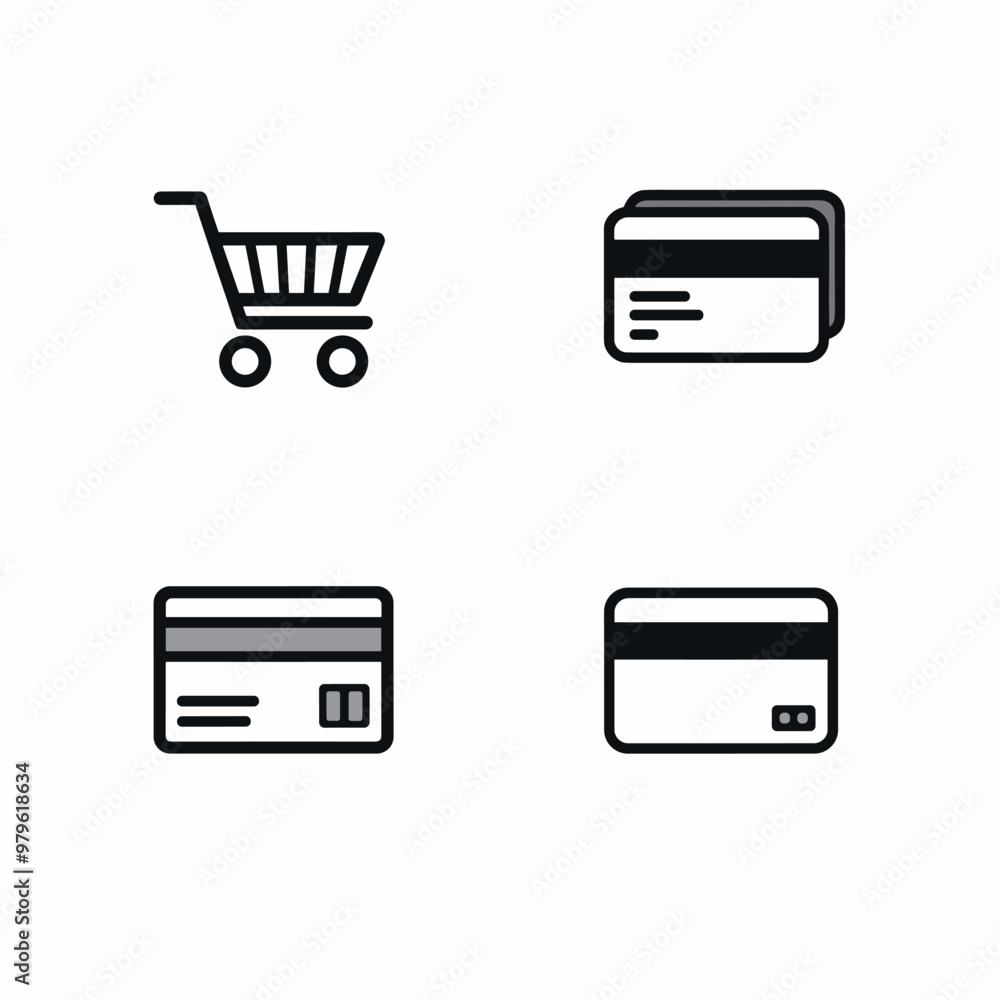 Simple icons depicting a shopping cart and credit cards on a white background. Simple icons depicting a shopping cart and credit cards on a white background.