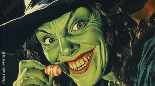 Retro Pulp Sci-Fi Book Cover featuring Green Witch with Candy | 80s Vintage Paper Art