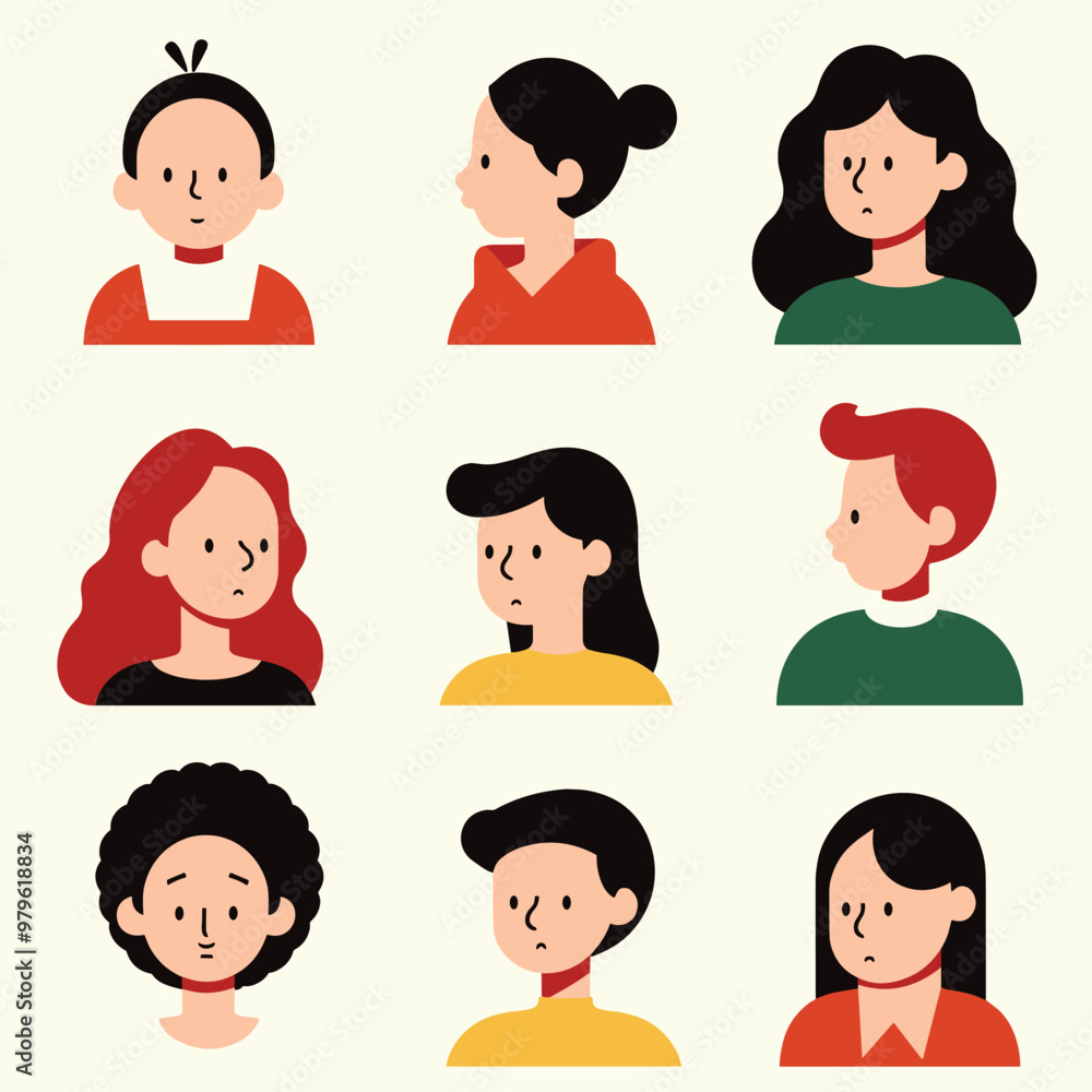 Colorful illustration of diverse male and female cartoon characters with various hairstyles and facial expressions. Colorful illustration of diverse male and female cartoon characters with various hairstyles and facial expressions.