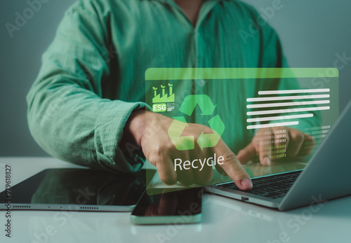 Schilderij op canvas Environment conservation preservation save earth recycle concept, Ecological waste management and sustainable development, Businessman and recyclable symbols on virtual screen
