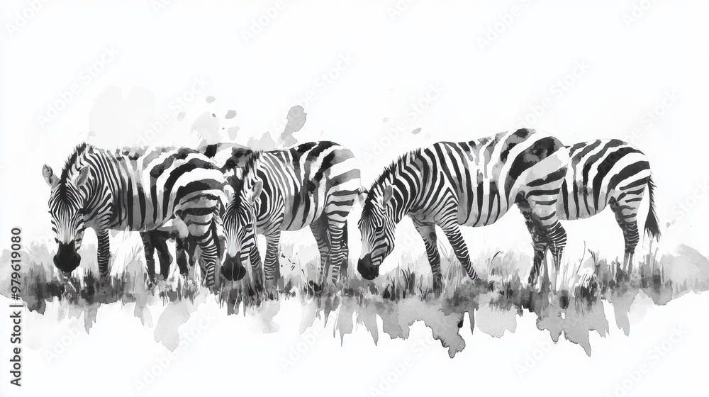 Fototapeta premium A stunning monochrome watercolor illustration of zebras grazing peacefully in a serene landscape.
