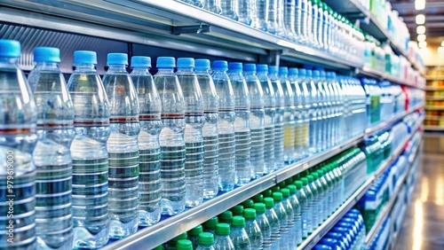 Rows of transparent water bottles in various sizes and brands line the shelves of a well-organized supermarket, ready for thirsty customers to grab and go.