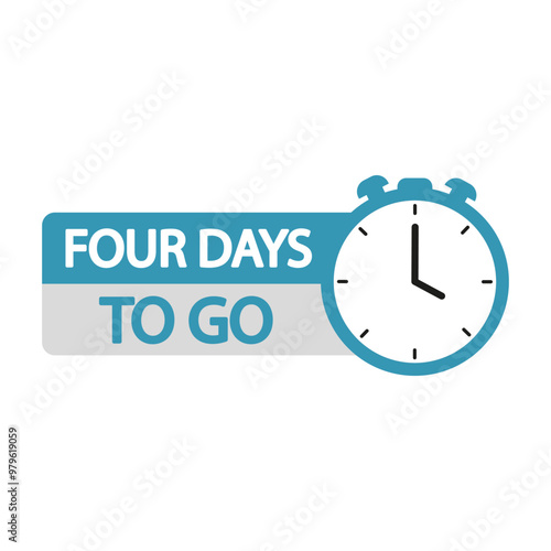 Countdown timer illustration. Number four focus. Bold four days to go text. Blue and white vector.