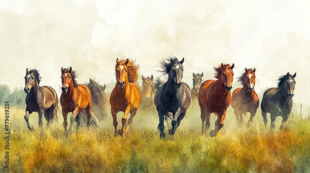 Obraz premium A stunning watercolor illustration of horses galloping through a vibrant field, capturing the beauty and majesty of nature.