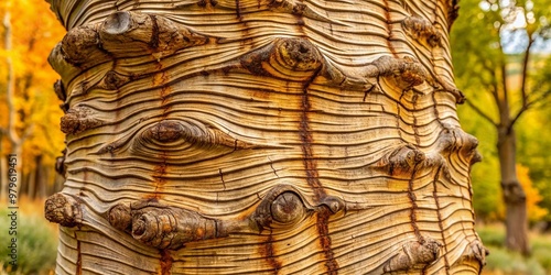 Rugged, weathered bark of Populus wilsonii trunk, featuring intricate patterns of grooves and ridges, with subtle hints of green and brown hues. photo