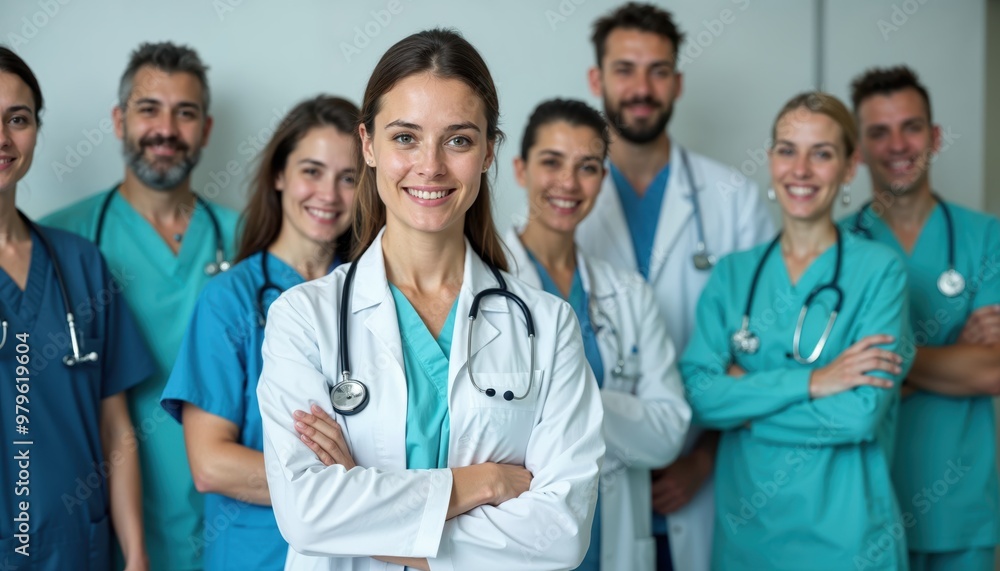 Smiling Doctor Leading a Team of Medical Professionals Smiling Doctor Leading a Team of Medical Professionals