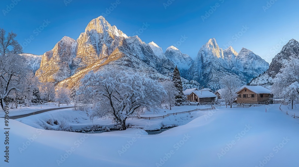 Fototapeta premium Park showcases its stunning winter transformation with snow-laden cliffs and a peaceful road, inviting exploration in a tranquil landscape
