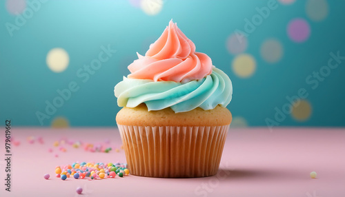 single cupcake colorful icing pastel background perfect celebrations