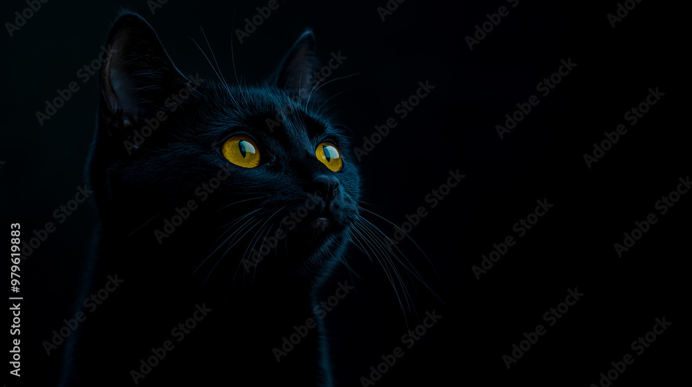 Black cat with yellow eyes isolated on a dark background. Black cat with yellow eyes isolated on a dark background.