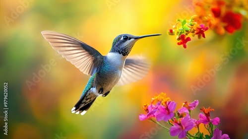 A vibrant hummingbird hovering near colorful flowers, showcasing nature's beauty and delicate balance in a serene environment.